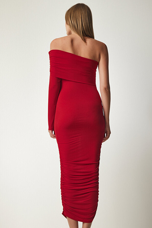 Slim Fit Woven Red Dress - Asymmetrical Neck