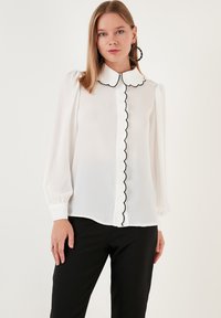 Button-Down Blouse with Black Scallop Trim