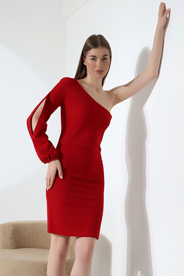 Red One Shoulder Cutout Sleeve Dress - Scuba Crepe