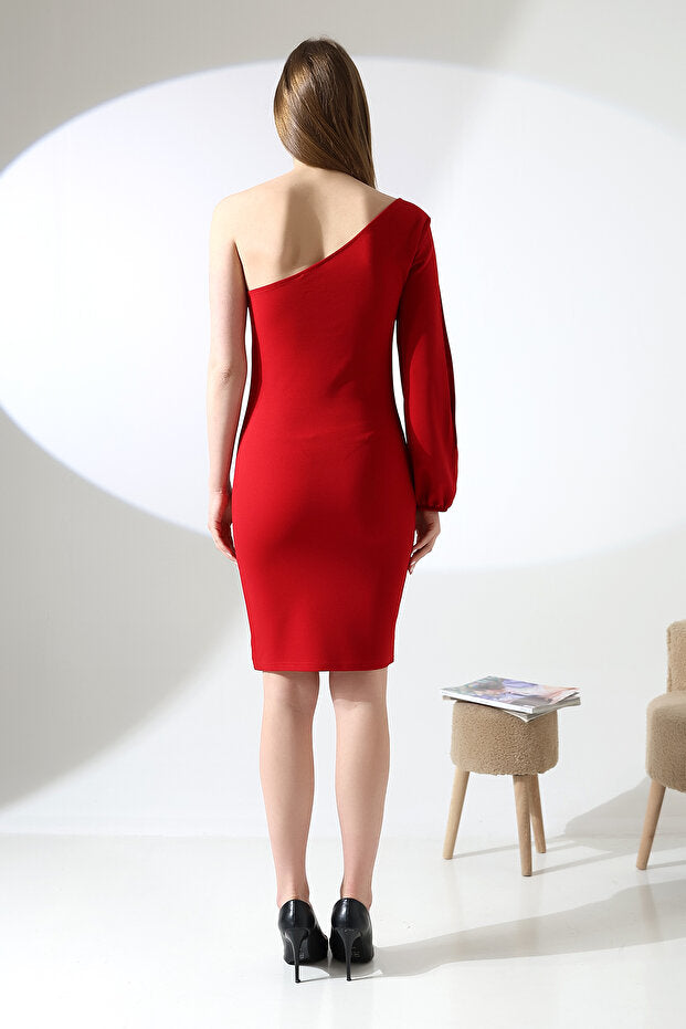 Red One Shoulder Cutout Sleeve Dress - Scuba Crepe