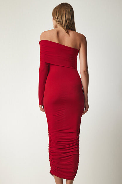 Slim Fit Woven Red Dress - Asymmetrical Neck