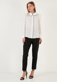 Button-Down Blouse with Black Scallop Trim