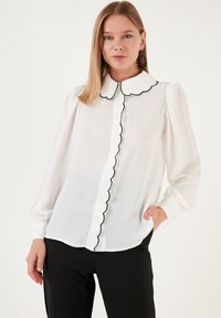 Button-Down Blouse with Black Scallop Trim