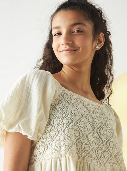 Crochet Detail Dress with Balloon Sleeves – Cream