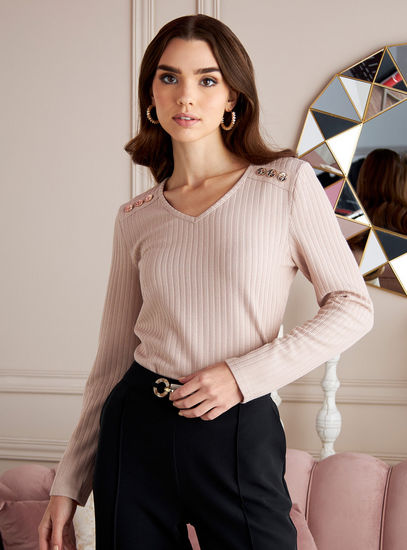 Ribbed V-Neck Knit Top with Shoulder Button Detail – Beige