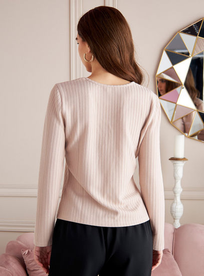 Ribbed V-Neck Knit Top with Shoulder Button Detail – Beige