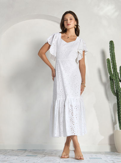 White Schiffli Tiered Maxi Dress with Sweetheart Neckline