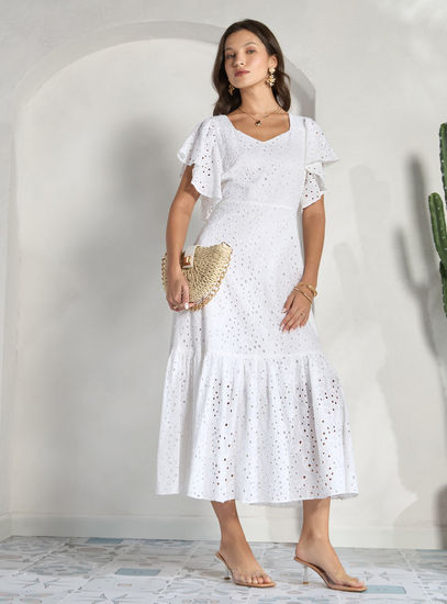 White Schiffli Tiered Maxi Dress with Sweetheart Neckline