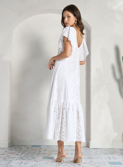White Schiffli Tiered Maxi Dress with Sweetheart Neckline