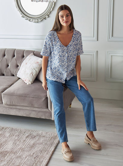Floral Textured V-Neck Buttoned Blouse – Blue