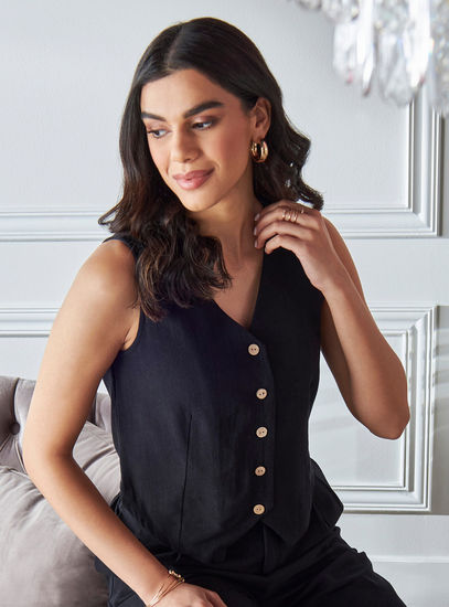 Sleeveless Button-Front Vest – Black