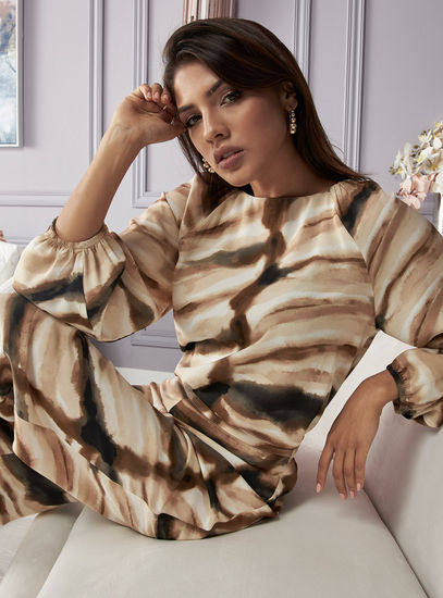 Women's Printed Long-Sleeve Blouse – Abstract Neutral Tones