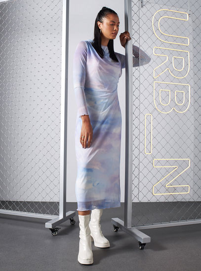 Sky Haze Tie-Dye Mesh Midi Dress – Long Sleeve Edition