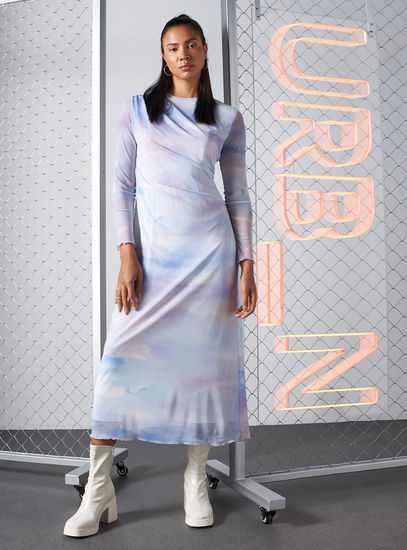 Sky Haze Tie-Dye Mesh Midi Dress – Long Sleeve Edition