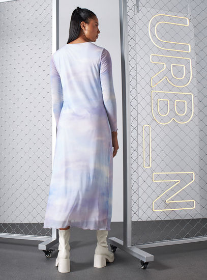 Sky Haze Tie-Dye Mesh Midi Dress – Long Sleeve Edition