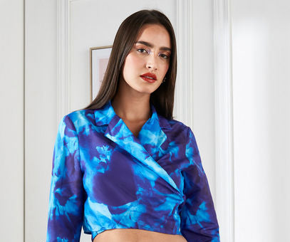 Blue Tie-Dye Wrap Blouse with Notched Lapel & Tie-Back