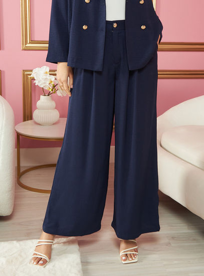 Navy Textured Wide-Leg Trousers – Relaxed Fit