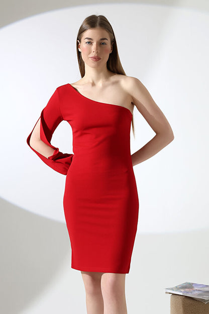 Red One Shoulder Cutout Sleeve Dress - Scuba Crepe